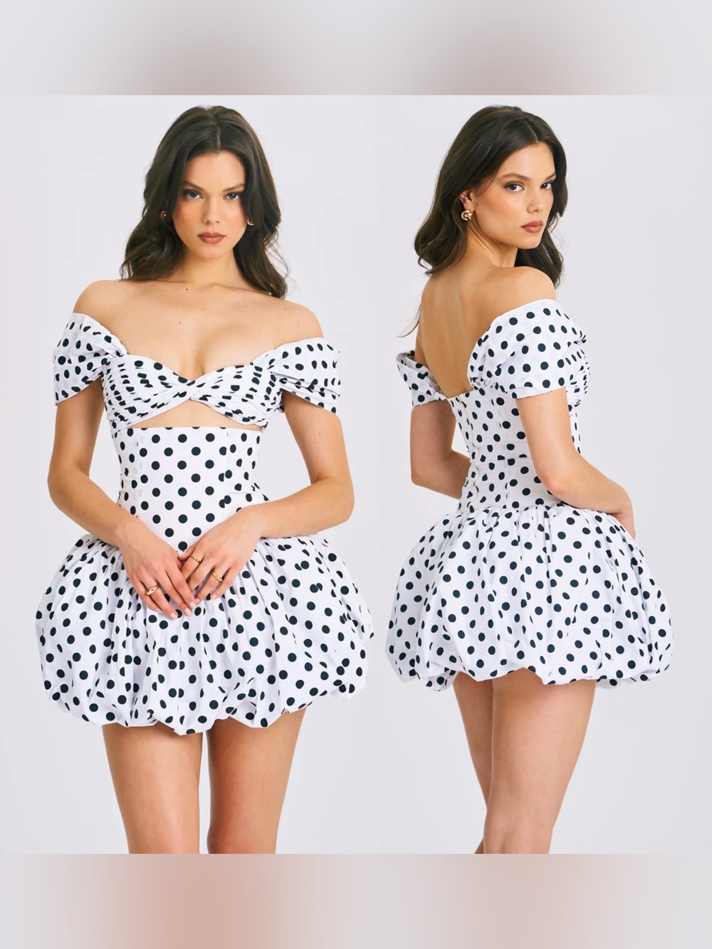 MISS CIRCLE Umika White Black Polka Dot Cotton Poplin Bubble Hem Mini Dress XS